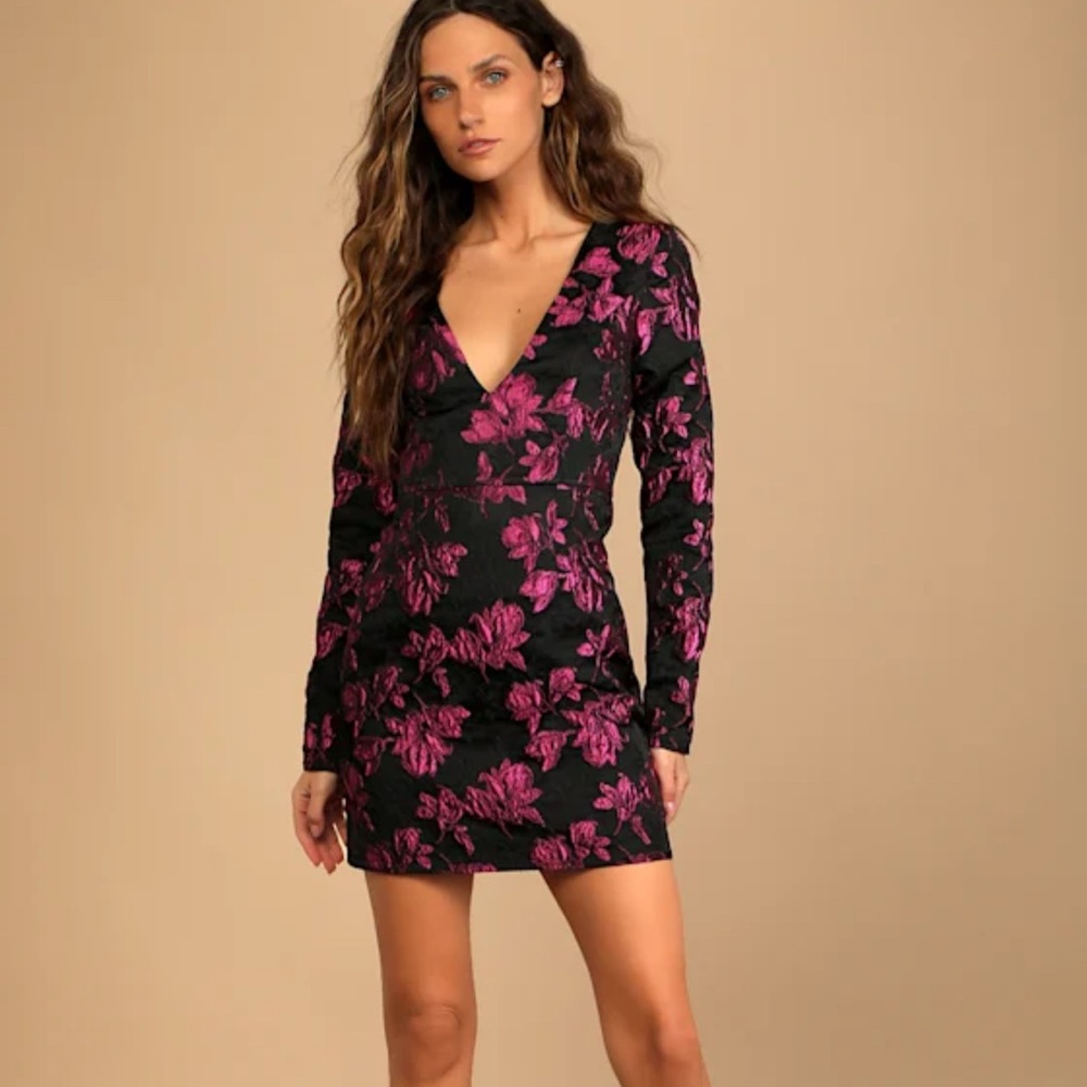 Elegant Taste Black and Pink Floral Jacquard Mini Dress